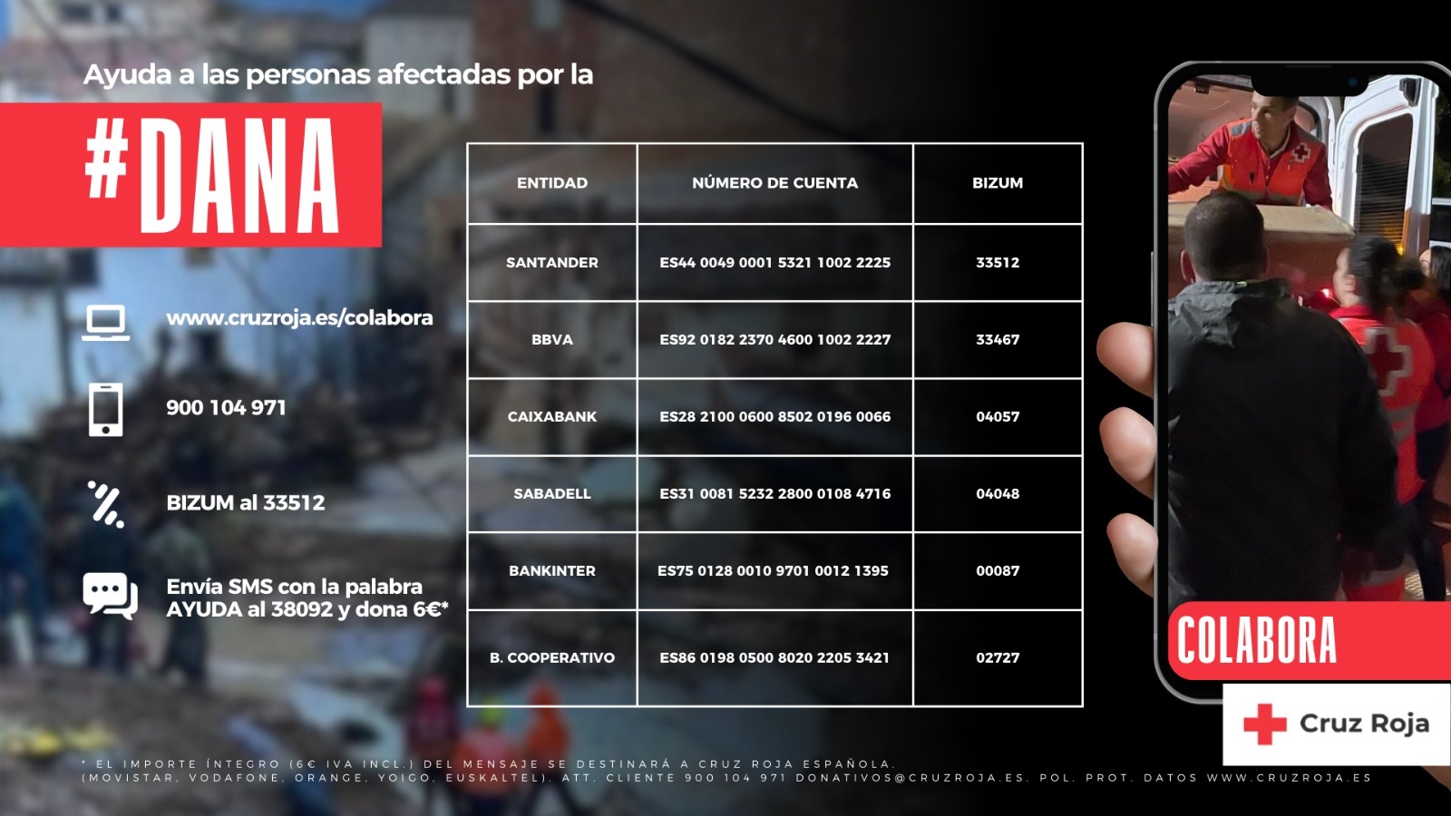 Formas colaboracion Dana. Teléfono. 900104971. Bizún al 33512. SMS con la palabra AYUDA en mayúsculas al 38092 (se donan 6€). Página web www.cruzroja.es/colabora 